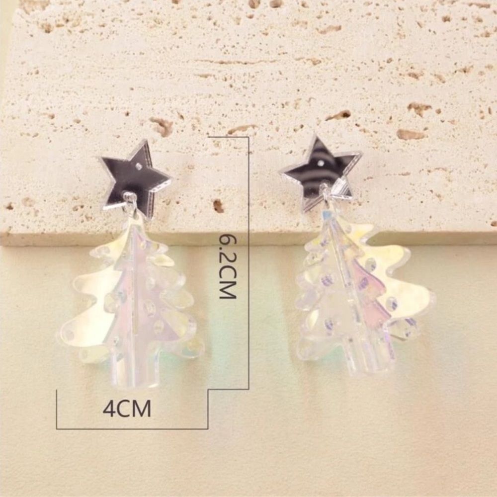 Holographic Holiday Christmas Tree Star Dangle Drop Earrings - Picture 4 of 5